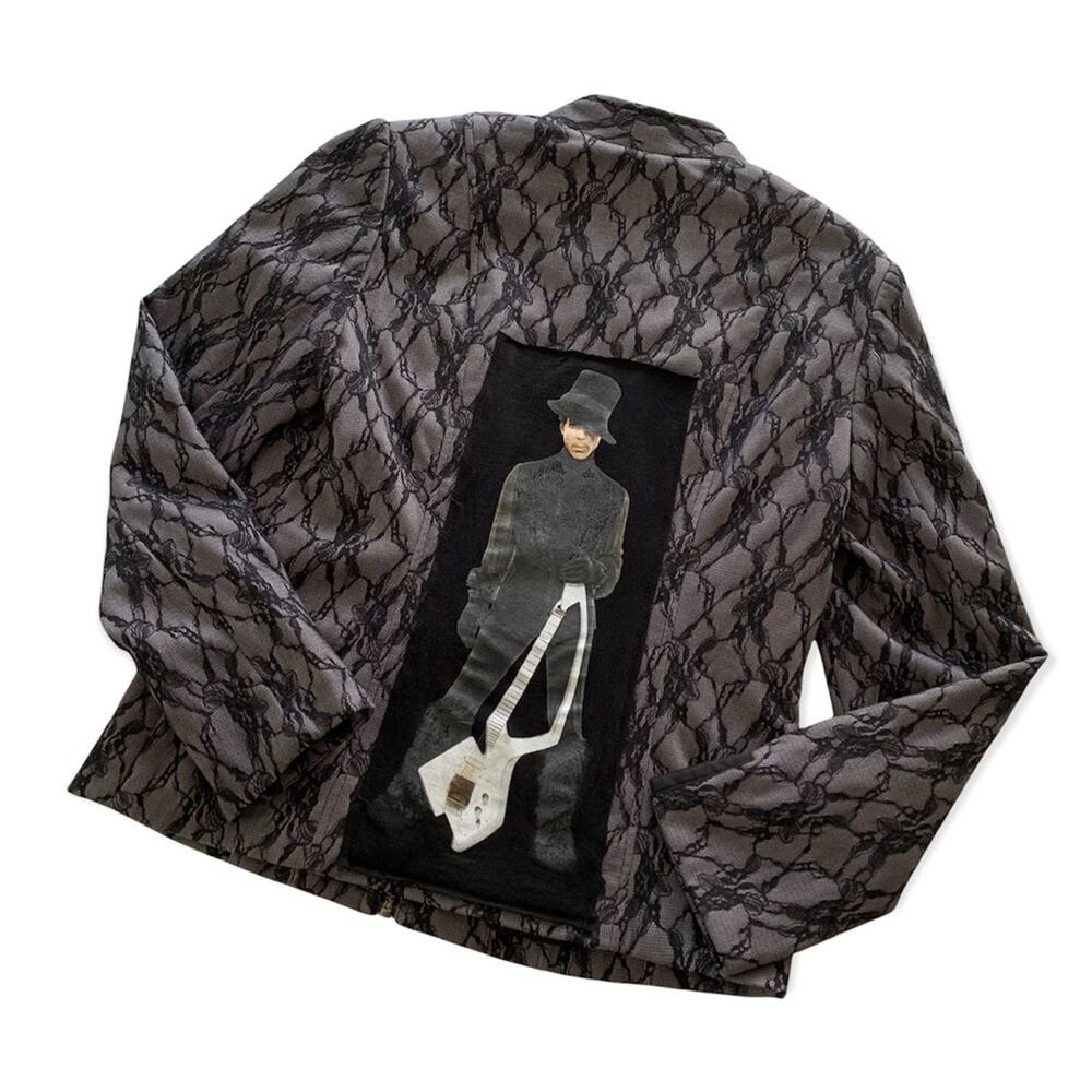 Reworked Apparel Prince Retro Graphic Lace Overlay Upcycle Jacket Women's Size 8